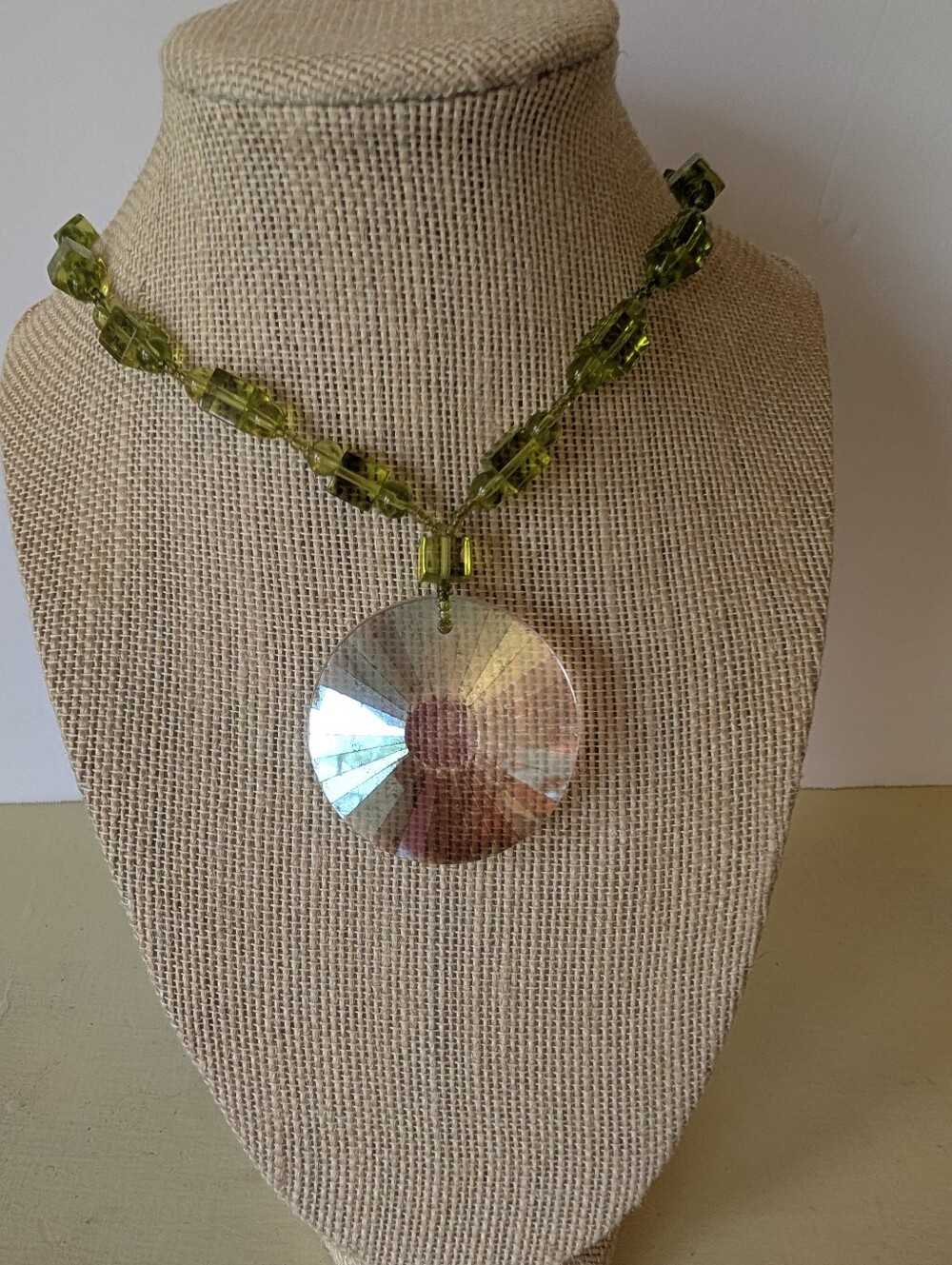 Peridot Green Crystal Chain Necklace With Large Sun Catcher Crystal Pendant